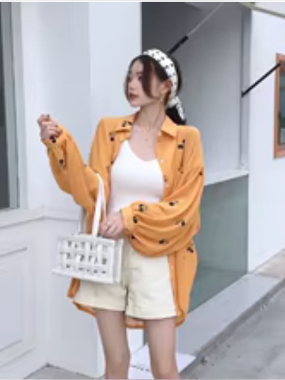 Disney Sheer Orange Mickey Mouse Button-Up Chiffon Blouse